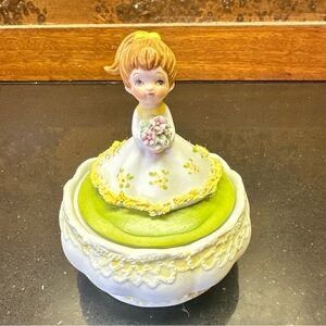 Enesco Green Yellow Brunette Brown Hair Pony Tail Girl Porcelain Trinket Box